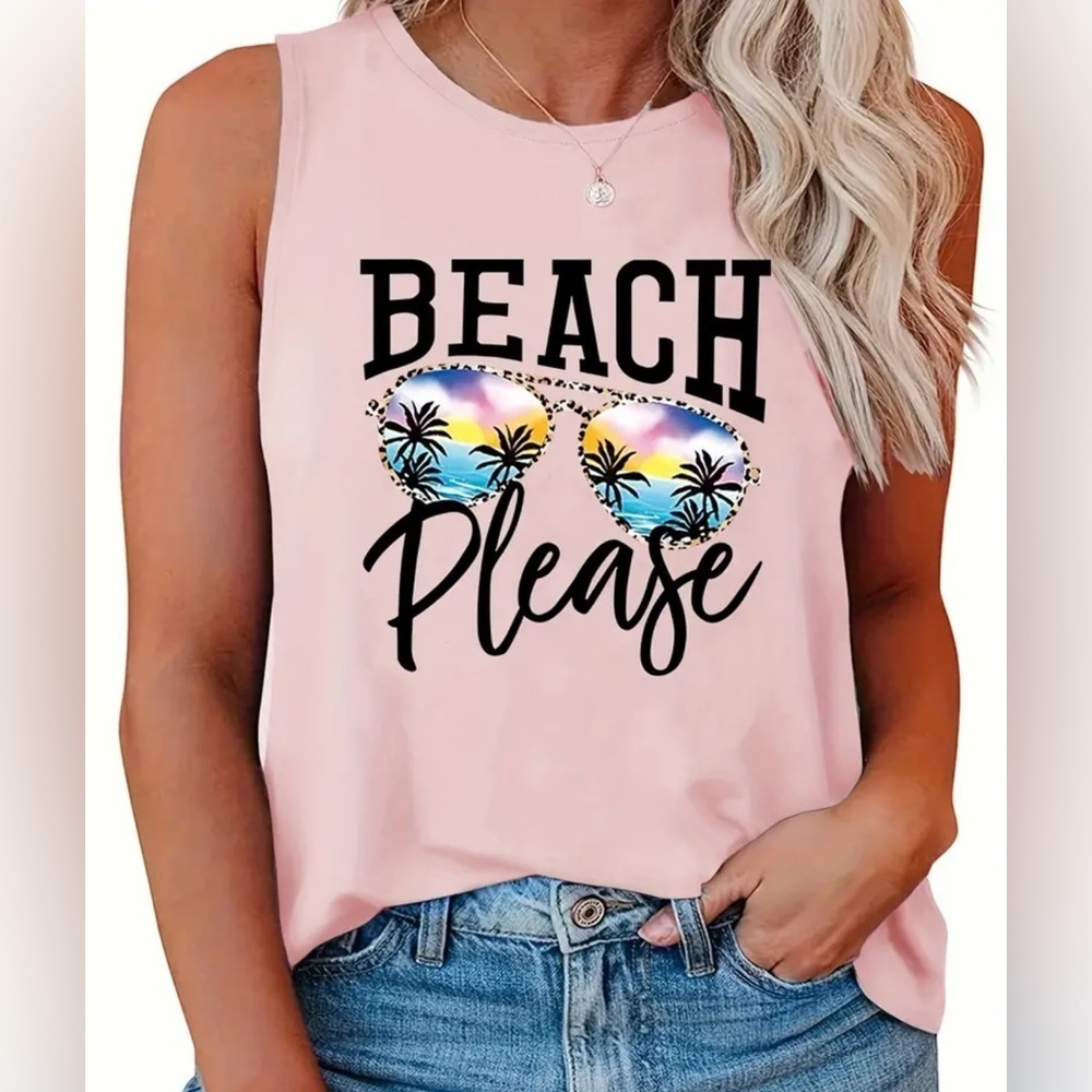 *Beach Please* Palm Trees Sunglasses Graphic Sleeveless Tank Top